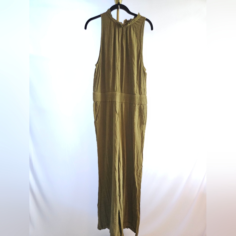 Chelsea28 Ruffle Neck Halter Olive Green Wide Leg Jumpsuit With Pockets